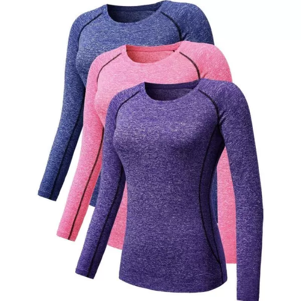 NELEUS Womens 3 Pack Compression Shirts Long Sleeve Yoga Athletic Running T Shirt8021 Bluepurplepink