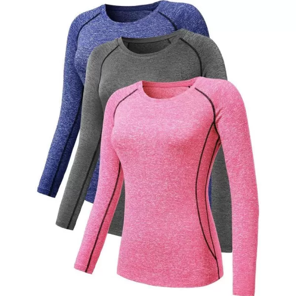 NELEUS Womens 3 Pack Compression Shirts Long Sleeve Yoga Athletic Running T Shirt8021 Greybluepink