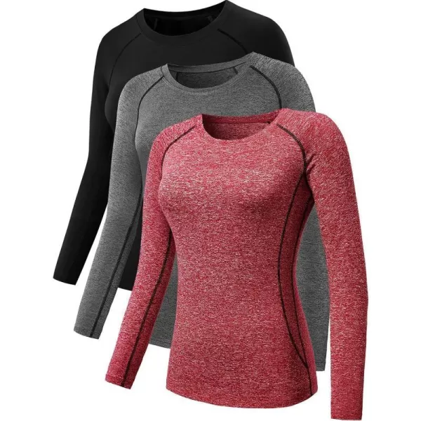 NELEUS Womens 3 Pack Compression Shirts Long Sleeve Yoga Athletic Running T Shirt8021blackgreyred