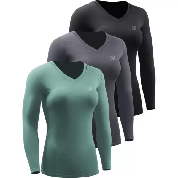 NELEUS Womens 3 Pack Compression Shirts Long Sleeve Yoga Athletic Running T ShirtVneck BlackBlackish GreenGrey3 Pack