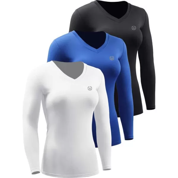 NELEUS Womens 3 Pack Compression Shirts Long Sleeve Yoga Athletic Running T ShirtVneck BlackBlueWhite3 Pack