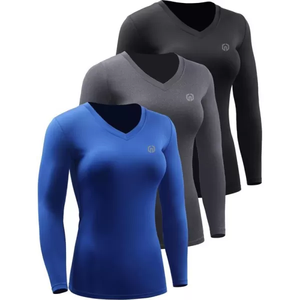 NELEUS Womens 3 Pack Compression Shirts Long Sleeve Yoga Athletic Running T ShirtVneck BlackGreyBlue3 Pack