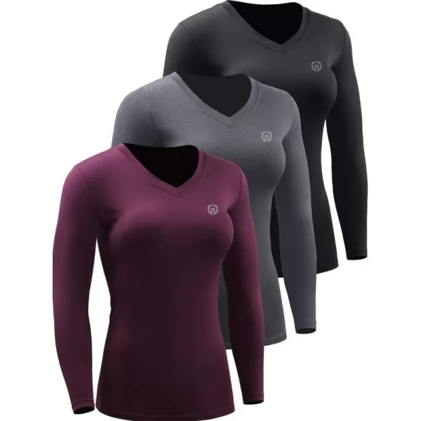 NELEUS Womens 3 Pack Compression Shirts Long Sleeve Yoga Athletic Running T ShirtVneck BlackGreyRed3 Pack