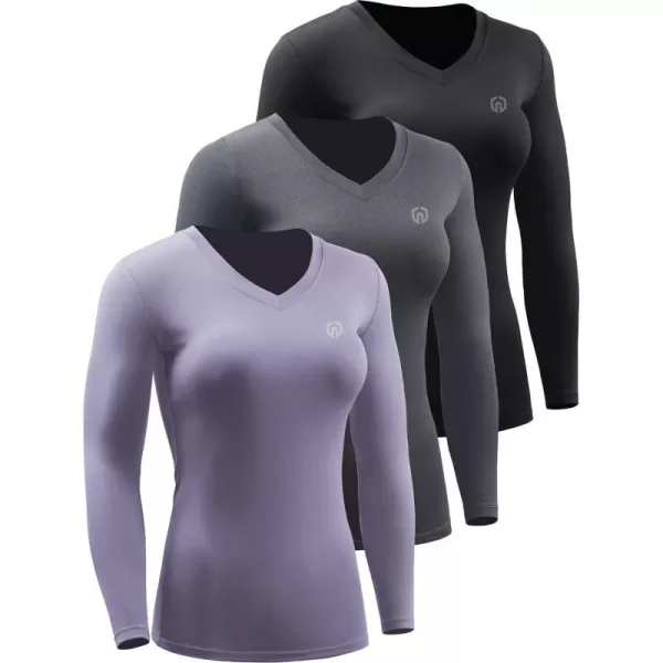 NELEUS Womens 3 Pack Compression Shirts Long Sleeve Yoga Athletic Running T ShirtVneck PurpleBlackGrey3 Pack