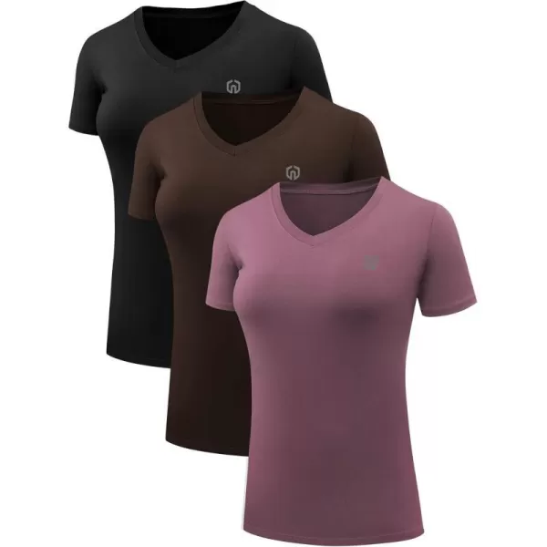 NELEUS Womens 3 Pack Compression Workout Athletic Shirt8016 BlackCoffeeRosy Brown3 Pack