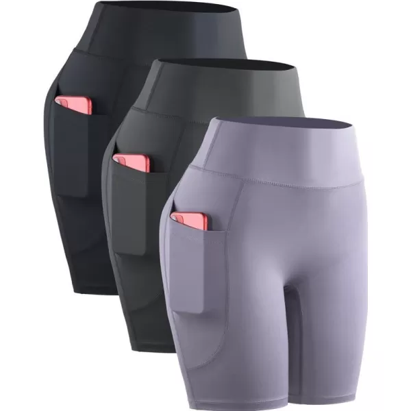 NELEUS Womens High Waist Yoga Shorts Tummy Control Workout Running Compression Shorts with Pocket9119 BlackGreyPurple3 Pack