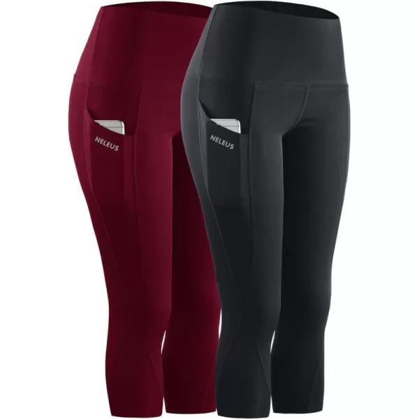 NELEUS Womens Tummy Control High Waist Capri Running Leggings Yoga Pants with Pocket9027 BlackBurgundy2 Pack