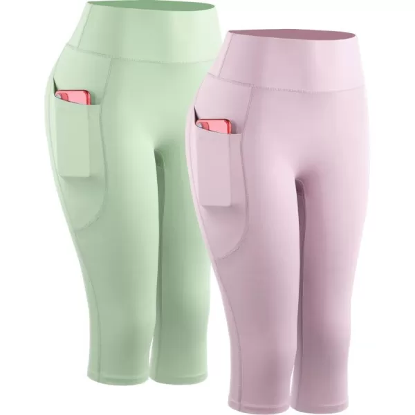 NELEUS Womens Tummy Control High Waist Capri Running Leggings Yoga Pants with Pocket9120 PinkLight Green2 Pack