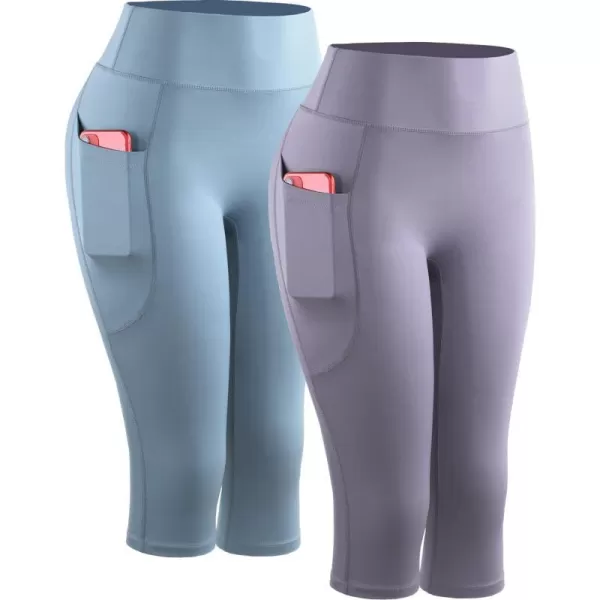 NELEUS Womens Tummy Control High Waist Capri Running Leggings Yoga Pants with Pocket9120 PurpleLight Blue2 Pack