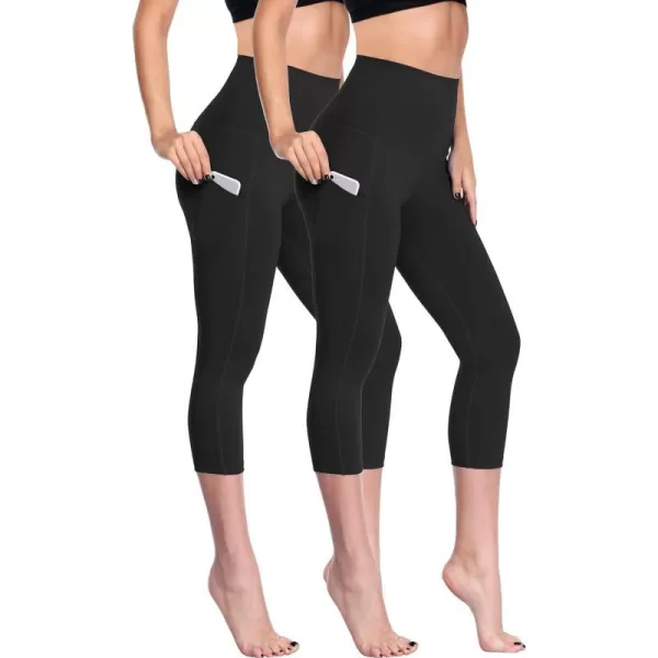 NELEUS Womens Tummy Control High Waist Capri Running Leggings Yoga Pants with PocketZ109 BlackBlack2 Pack