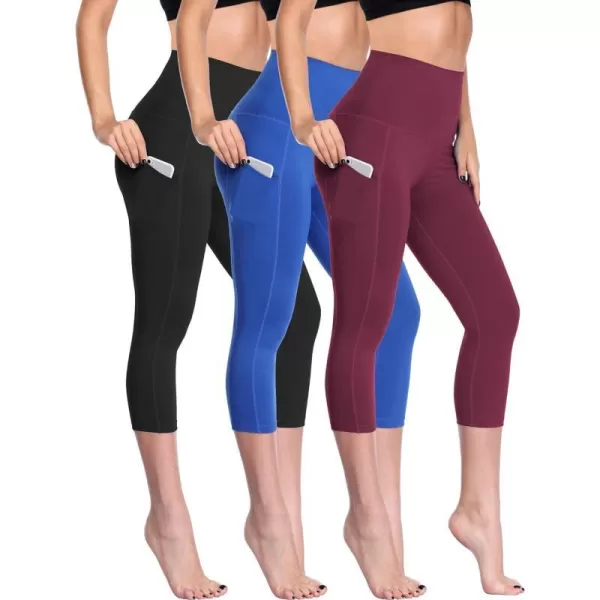 NELEUS Womens Tummy Control High Waist Capri Running Leggings Yoga Pants with PocketZ109 BlackBlueBurgundy3 Pack