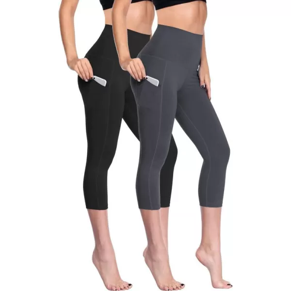 NELEUS Womens Tummy Control High Waist Capri Running Leggings Yoga Pants with PocketZ109 BlackGrey2 Pack