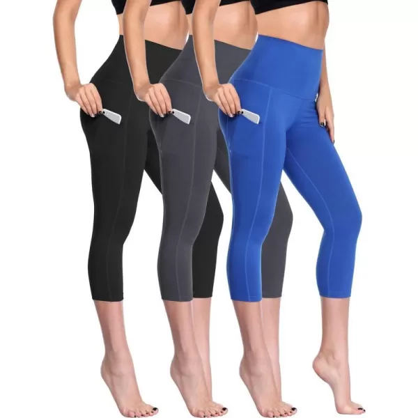 NELEUS Womens Tummy Control High Waist Capri Running Leggings Yoga Pants with PocketZ109 BlackGreyBlue3 Pack