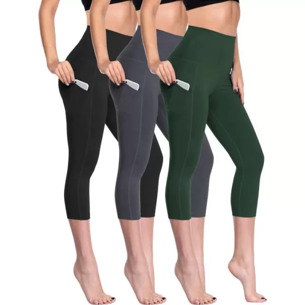 NELEUS Womens Tummy Control High Waist Capri Running Leggings Yoga Pants with PocketZ109 BlackGreyDark Green3 Pack