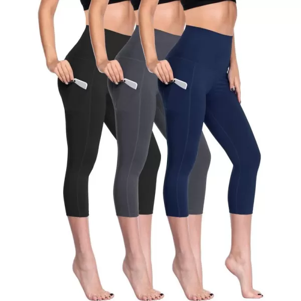 NELEUS Womens Tummy Control High Waist Capri Running Leggings Yoga Pants with PocketZ109 BlackGreyNavy3 Pack