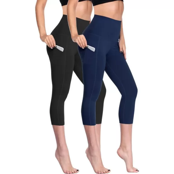 NELEUS Womens Tummy Control High Waist Capri Running Leggings Yoga Pants with PocketZ109 BlackNavy Blue2 Pack