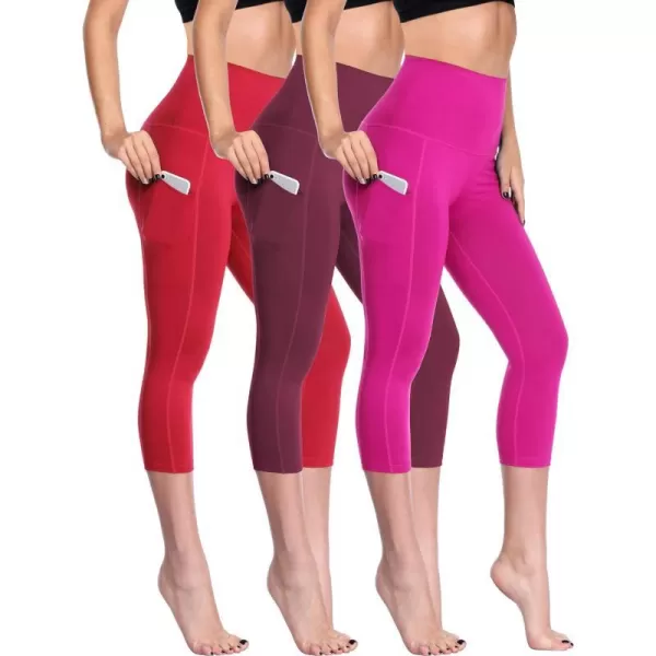 NELEUS Womens Tummy Control High Waist Capri Running Leggings Yoga Pants with PocketZ109 RedBurgundyRose Red3 Pack