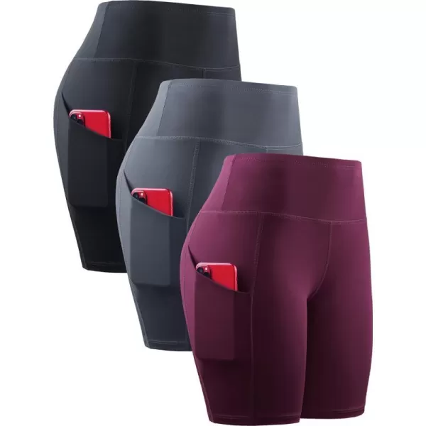 NELEUS Womens Workout Compression Yoga Shorts with Pocket1010 BlackGreyDark Red3 Pack