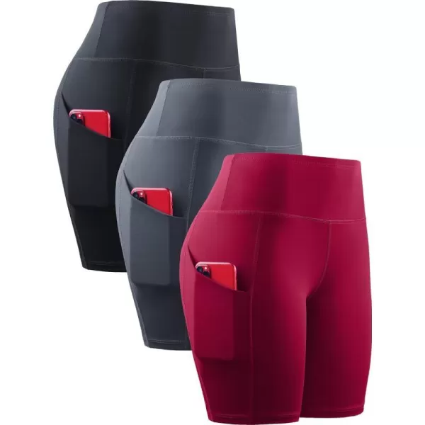 NELEUS Womens Workout Compression Yoga Shorts with Pocket1010 BlackGreyRed3 Pack