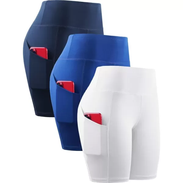 NELEUS Womens Workout Compression Yoga Shorts with Pocket1010 WhiteBlueNavy3 Pack