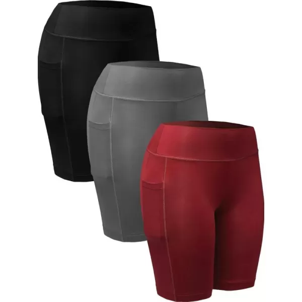 NELEUS Womens Workout Compression Yoga Shorts with Pocket9005 3 PackblackGreyRed