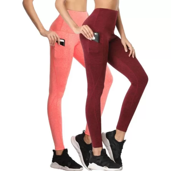 NELEUS Womens Yoga Leggings Tummy Control Workout Running Pants102 Burgundy RedOrange 2 Pack