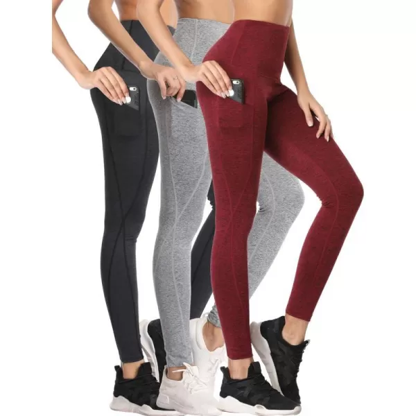 NELEUS Womens Yoga Leggings Tummy Control Workout Running Pants102 Dark GreyGreyBurgundy Red3 Pack