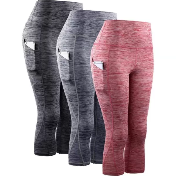 NELEUS Womens Yoga Running Capris Tummy Control High Waist Workout Pants9034 BlackGreyRed3 Pack