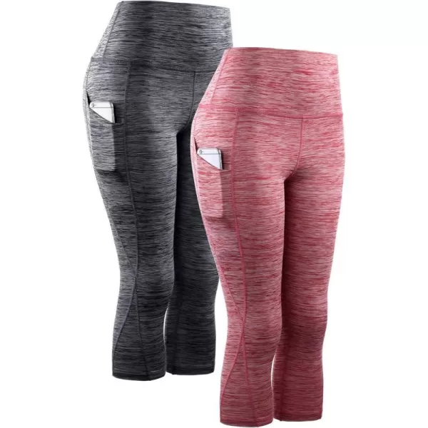 NELEUS Womens Yoga Running Capris Tummy Control High Waist Workout Pants9034 BlackRed2 Pack