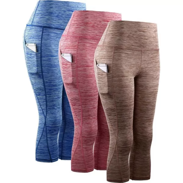 NELEUS Womens Yoga Running Capris Tummy Control High Waist Workout Pants9034 BlueRedBrown3 Pack