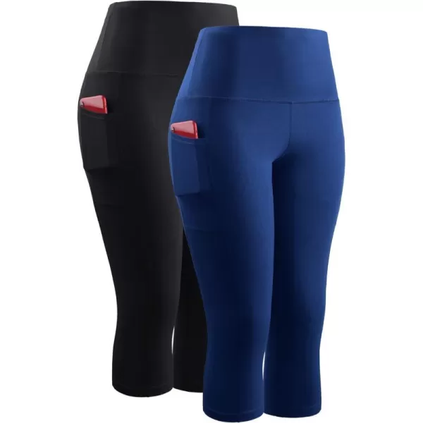 NELEUS Womens Yoga Running Capris Tummy Control High Waist Workout Pants9042 BlackBlue2 Pack