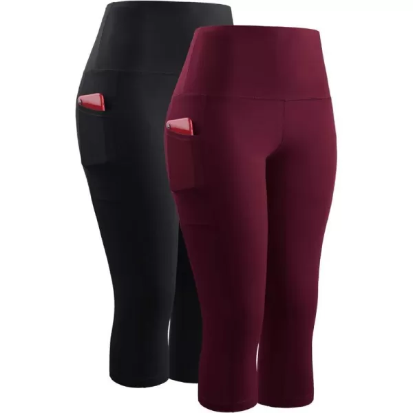 NELEUS Womens Yoga Running Capris Tummy Control High Waist Workout Pants9042 BlackRed2 Pack