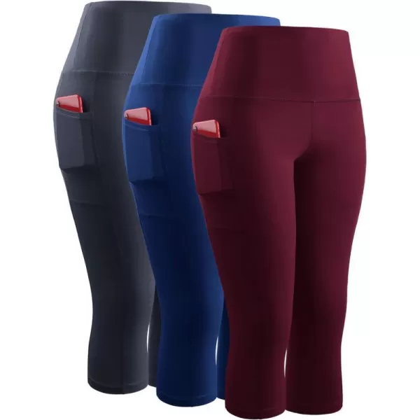 NELEUS Womens Yoga Running Capris Tummy Control High Waist Workout Pants9042 BlueGreyRed3 Pack