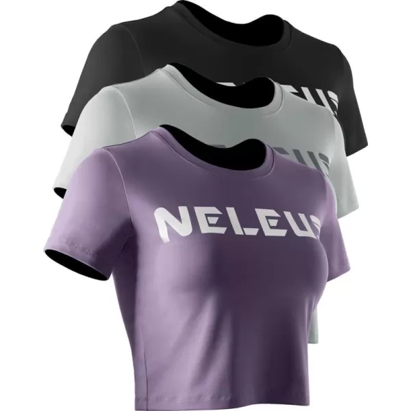 Neleus Womens Running Crop Tank Tops Dry Fit Workout Athletic Shirts Pack of 31501 BlackGreyPurple