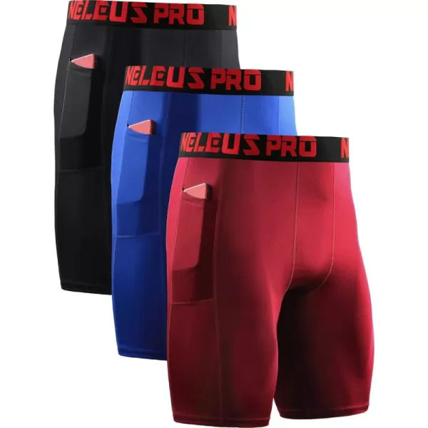 NELEUS Mens 3 Pack Running Compression Shorts with Pockets6064 BlackBlueRed 3 Pack