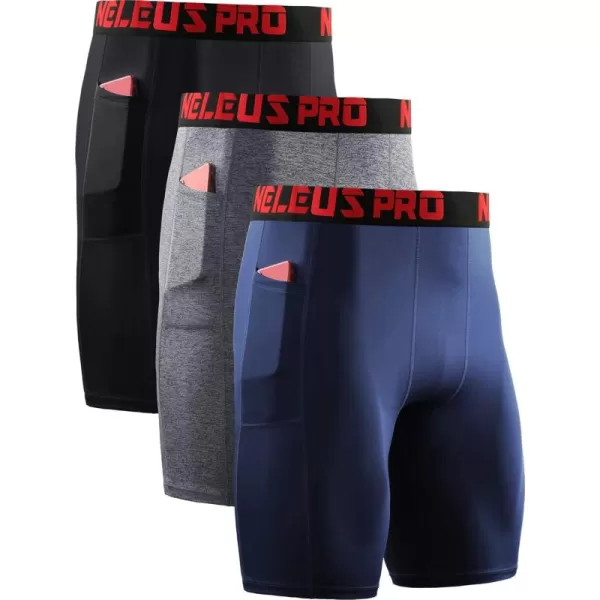 NELEUS Mens 3 Pack Running Compression Shorts with Pockets6064 BlackGreyNavy Blue 3 Pack