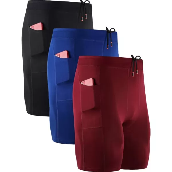 NELEUS Mens 3 Pack Running Compression Shorts with Pockets6072 BlackBlueRed 3 Pack