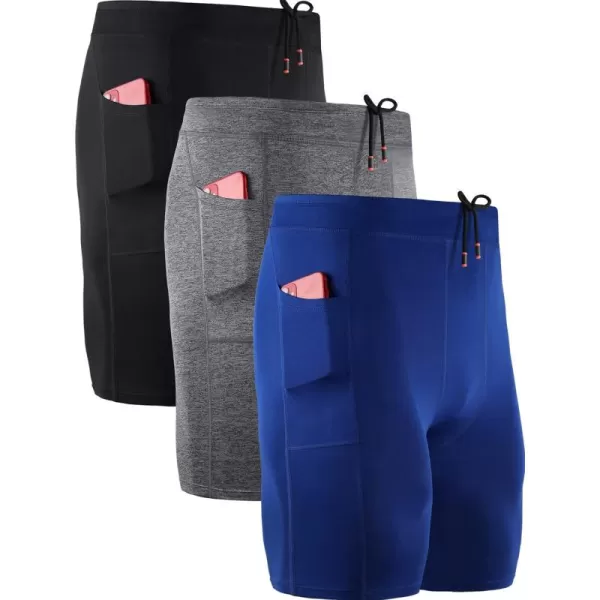 NELEUS Mens 3 Pack Running Compression Shorts with Pockets6072 BlackGreyBlue 3 Pack