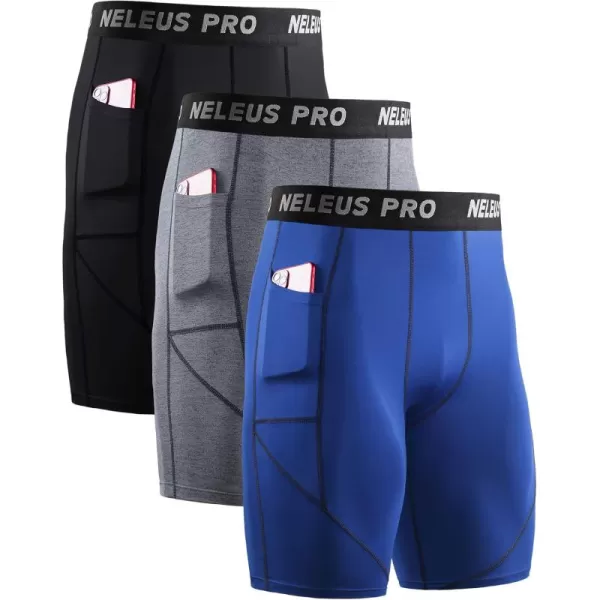 NELEUS Mens 3 Pack Running Compression Shorts with Pockets6082 BlackGreyBlue 3 Pack