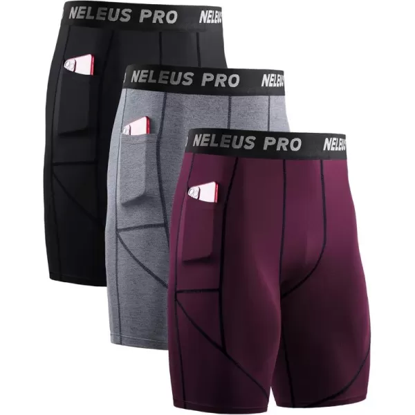 NELEUS Mens 3 Pack Running Compression Shorts with Pockets6082 BlackGreyRed 3 Pack