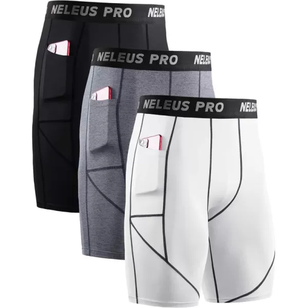 NELEUS Mens 3 Pack Running Compression Shorts with Pockets6082 BlackGreyWhite 3 Pack