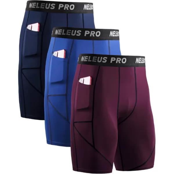 NELEUS Mens 3 Pack Running Compression Shorts with Pockets6082 RedNavyBlue 3 Pack