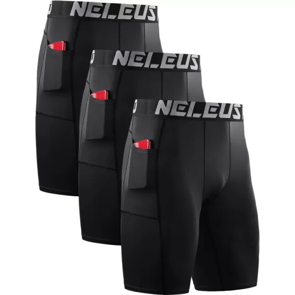 NELEUS Mens 3 Pack Running Compression Shorts with Pockets6087 BlackBlackBlack 3 Pack