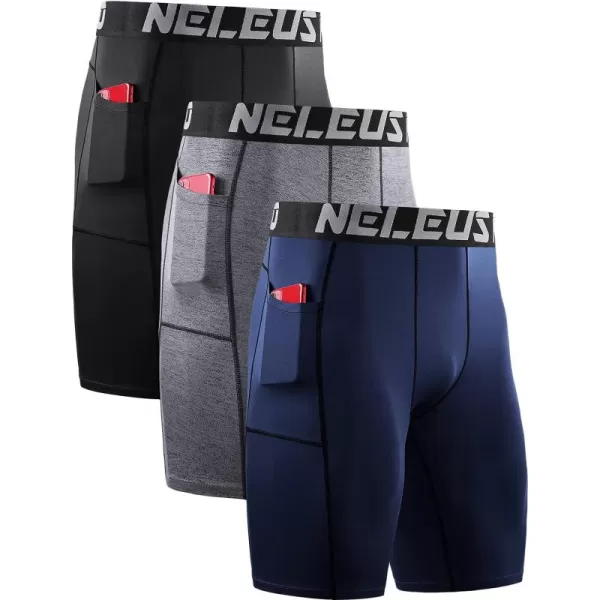 NELEUS Mens 3 Pack Running Compression Shorts with Pockets6087 BlackGreyNavy 3 Pack