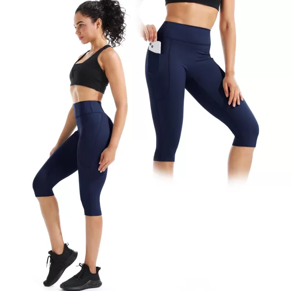 imageNELEUS Womens Tummy Control High Waist Capri Running Leggings Yoga Pants with Pocket9120 BlackGreyDark Navy 3 Pack