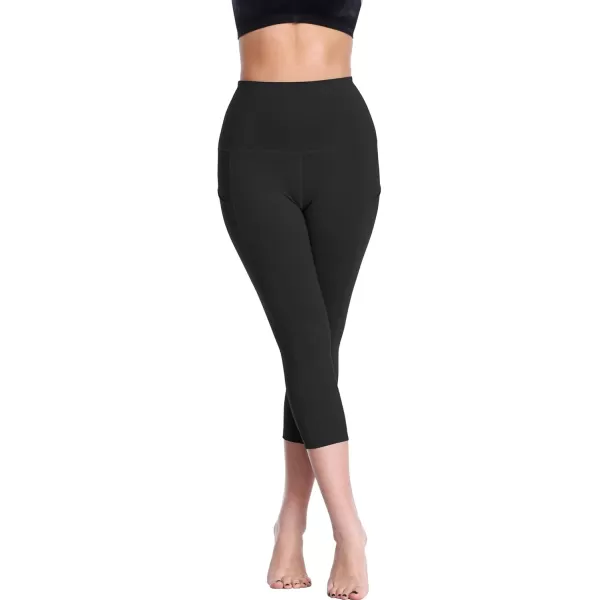 imageNELEUS Womens Tummy Control High Waist Capri Running Leggings Yoga Pants with PocketZ109 BlackBlack 2 Pack