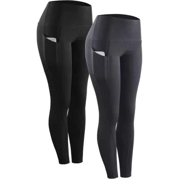 imageNELEUS High Waist Running Workout Leggings for Yoga with Pockets9017 Yoga Pant 2 Packblack grey