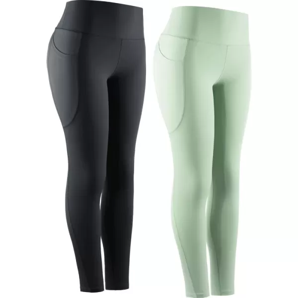 imageNELEUS High Waist Running Workout Leggings for Yoga with Pockets9069 BlackLight Green  2 Pack