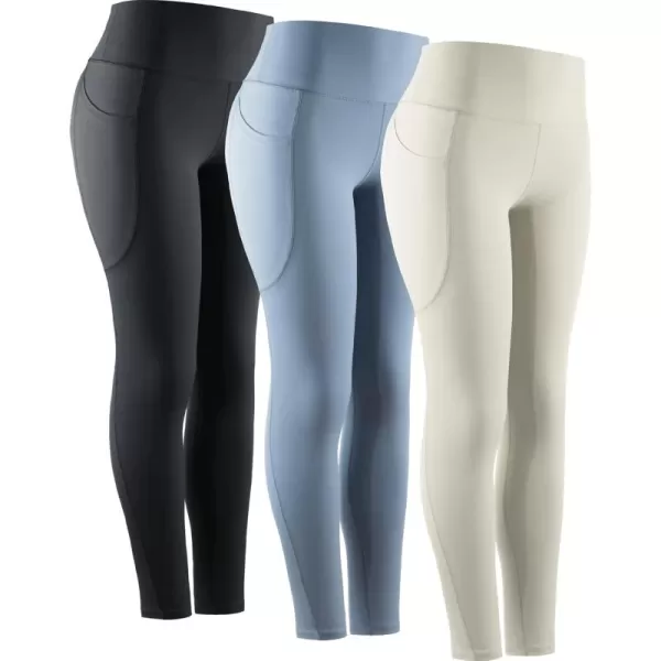 imageNELEUS High Waist Running Workout Leggings for Yoga with Pockets9069 BlackLight Steel BlueIvory 3 Pack