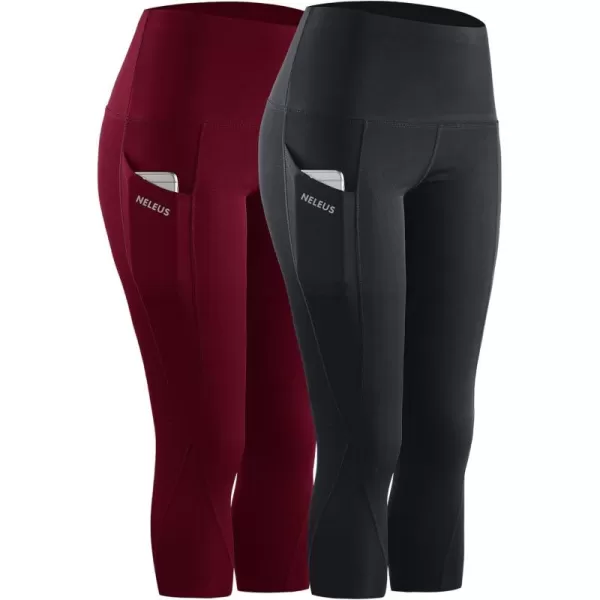 imageNELEUS Womens Tummy Control High Waist Capri Running Leggings Yoga Pants with Pocket9027 BlackBurgundy 2 Pack